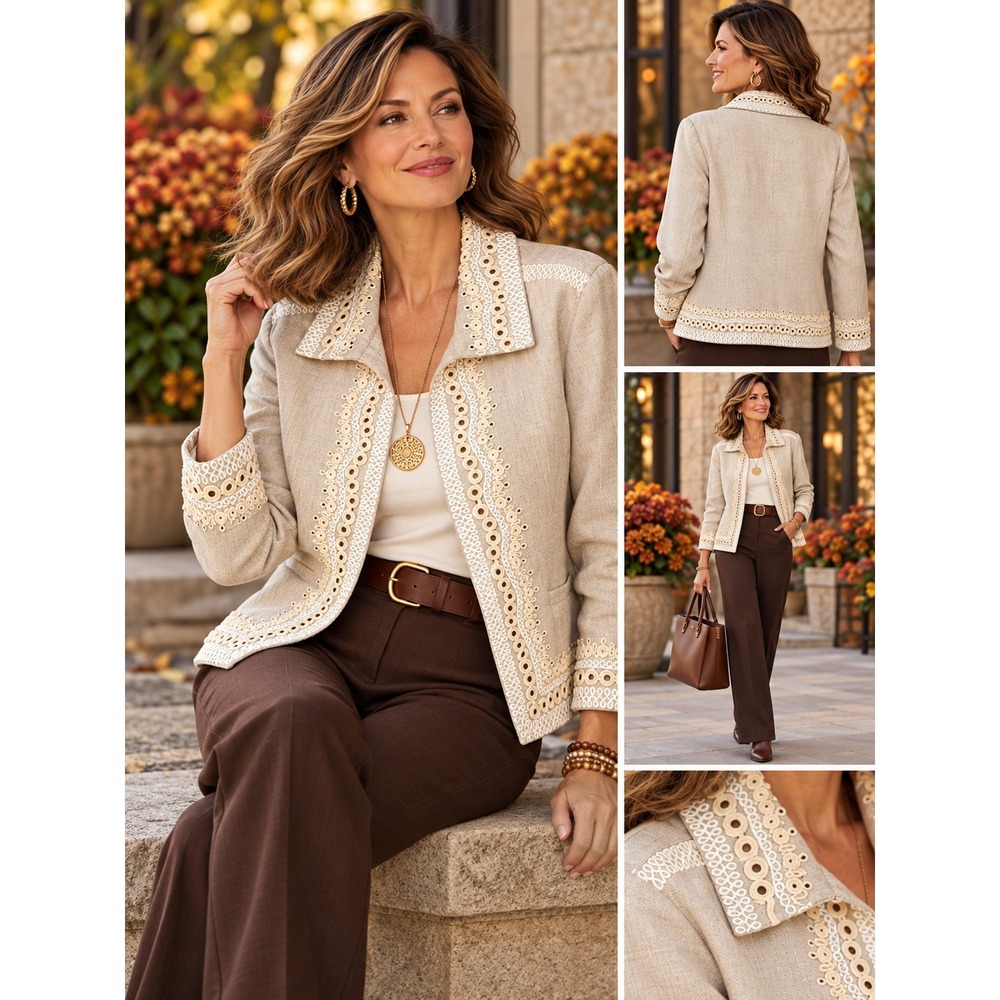 NWT Chico's Embroidered Sine Gaille Linen Blazer Jacket Tan (MSRP: $118) Large